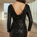 A woman modeling a long-sleeved black sequined evening gown from the back, featuring a deep V-neckline and a fitted silhouette, set against a plain white background.
